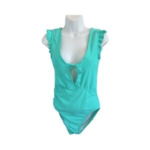 Marina West One Piece Ruffle Low V-Neck  with Tie V-Back Swimsuit Size M